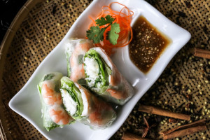 Rolled vegetables and rice, dip on the side closeup